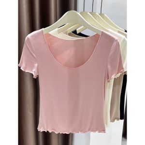 เสื้อยืดแขนสั้นคอตั้งทรงหลวมสำหรับผู้หญิงในช่วงฤดูร้อน ผ้าไหมน้ำแข็ง ทรงเข้ารูป ระบายอากาศได้ดี ใส่สบาย ลำลอง