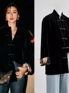 TUXEE Black Velvet Shirt Jacket with Button Design New Chinese Style Printed Casual Womens Long Sleeve Stand Collar Coat