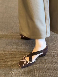 FANGXI | French Ballet Square Toe Crisscross Straps Hidden Platform Low Cut Bow Womens Flats