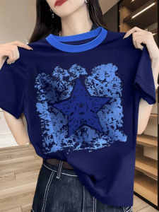 Summer Cotton T-Shirt Womens round Neck Print Design Short Sleeve Pure Cotton Fashionable Top Korean Style Creative Pattern