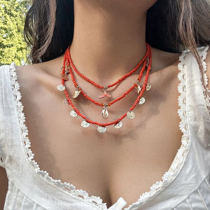 สร้อยคอรูปเปลือกหอยสามชั้นสุดเก๋สำหรับวันหยุดพักผ่อนชายหาด เครื่องประดับแฟชั่นโลหะผสมแบบครอบคลุมไหล่ เครื่องประดับสัตว์น้ำสำหรับผู้หญิง