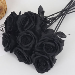 10pcs Black Silk Artificial Rose Flower Head Bouquet Home Living Room Halloween Gothic Flowers Wedding Home Party Flower Decor