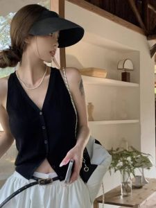 สีดำ คอวี ถัก ไม่มีสาย เสื้อกั๊ก ผู้หญิง ฤดูร้อน แขนกุด แจ๊กเก็ต เสื้อกล้าม Topjazz衣 Slim Version Pure Color