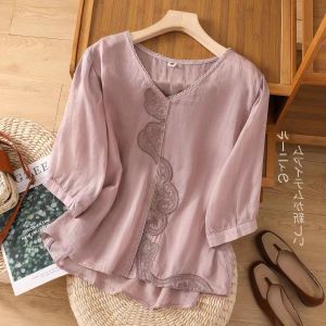LUCKIN STORE Blouse Women Cotton Linen Top V-neck Short Sleeve Women‘s Blouse Casual Shirt Plus Size Summer New T-shirt