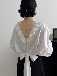 plus Size 300 Pounds Womens French Style Gentle White Belted Shirt Back Hollow out Elegant Shirt Casual Loose Fit Polyester Fiber