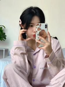 Bộ Đồ Ngủ Dài Tay Mùa Xuân Thu Phong Cách Hàn Quốc Cho Nữ Bộ Đồ Ngủ Cotton Pha Trộn Họa Tiết Sọc Ngọt Ngào Dễ Thương