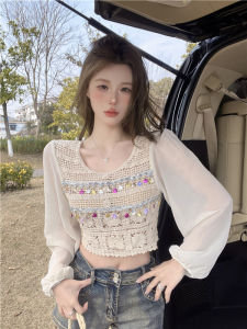 GUZILIAN | Fashionable Splicing Hook Flower Knitted Top Womens Heavy Work Diamond Beach Summer Hot Girl Short Shirt Korean Style Slim Fit