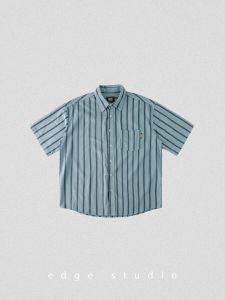 Japanese Style Vintage Stripe Short Sleeve Shirt Men and Women Ins Loose Casual Couple Shirt Student Trendy Outwear