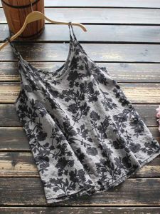 Summer Plus Size Ladies Floral Camisole Womens Inner Wear Base Loose Plus Size Retro Cotton and Linen Sleeveless T-shirt Top Autumn
