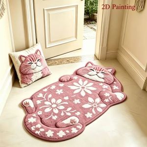 VIKAMA Pink Cat Irregular Rug Lying Print Non Slip Mat For Bedroom Bathroom Living Room Entryway Kawaii Pet Lover Home Decor
