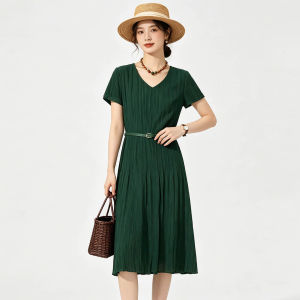 Elegant Luxe V-neck Waist-cinching Mid-length Dress For Summer