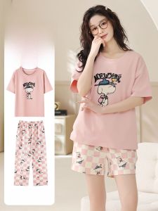 Miiow | Pure Cotton Three-Piece Cat Lady Summer Lightweight Short Sleeve Sleepwear Set Cute Cartoon Print Home Clothes For Women