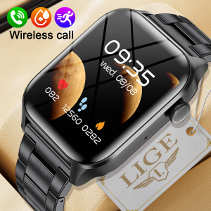 LIGE Pintar Jam Tangan Pria Layar Sentuh Penuh 1.85 Inci Panggilan Bluetooth Jam Tangan Pria Anti Air Pemantauan Oksigen Darah/Pemantau Tekanan Kebugaran Jam Tangan Wanita + Kotak