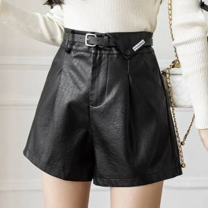 กางเกงขาสั้น PU หนังสูงเอวสำหรับผู้หญิง กางเกงขายาวทรงหลวมลำลองฤดูใบไม้ร่วง/ฤดูหนาว กางเกงขายาวแบบสวมสบาย สไตล์เกาหลี