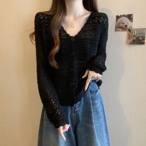 Lace Hollow V-Neck Icy Silk Sunscreen Short Cardigan