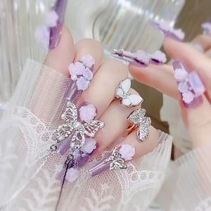 24 pcs Heavy Metal Kuku Palsu Kupu-kupu Kristal Mengkilap Bunga Ungu Desain Patch Kuku Palsu Peti Mati Balet Panjang Tekan pada Kuku