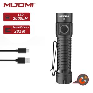 MIJOMI ไฟฉายแบบชาร์จไฟได้ E8โปรความสว่างสูง6โหมด2000ลูเมนระยะทางลำแสงยาว282เมตรไฟฉาย LED กันน้ำ IPX8พร้อม18650แบบชาร์จไฟได้ไฟฉายแบบพกพาขนาดเล็กพร้อมคลิปหนีบคู่สำหรับตั้งแคมป์เดินป่าซ่อมฉุกเฉิน
