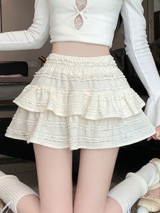 กระโปรงทรงเอเอวสูงลายลูกไม้สีขาว กระโปรงสั้นสไตล์บัลเล่ต์สำหรับผู้หญิงในช่วงฤดูร้อน กระโปรงสั้นทรงเอปานกลางสุดหวาน
