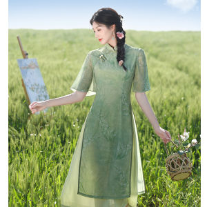 New Chinese Style Green Dress Retro Young High-Quality Personality plus Size Summer Fashionable Breathable Short Sleeve Flag Robe