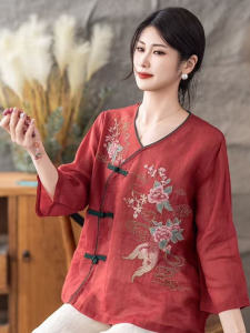 New 2025 Womens Cotton Linen Shirt V-neck Embroidered Side Slit Tea Costume Spring Summer Chinese Style Loose Fit Button up