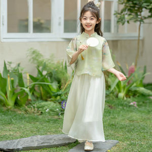 Girls Hanfu Summer Outfit Short Sleeve Dress Childrens National Style New Chinese Dress Big Kids Set Fashionable Traditional Clothing