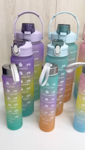 Z-Gadget⚡3 IN 1 Set Gradient Water Bottle with Straw High Capacity Food Grade Plastic Bottle Water Bottle Gradient Colour Portable Scale Bottle Outdoor Travel