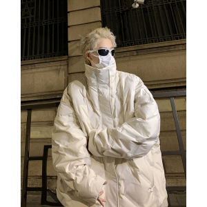 Cleanfit White Diamond Lattice down Jacket Mens Winter American High Street Vibe Cotton-Padded Coat Turtleneck Ruched Outwear