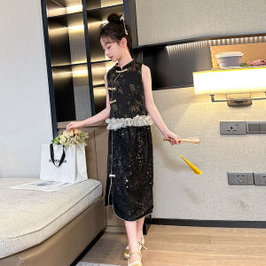 Girls Summer Fashionable Traditional Chinese Cheongsam Set Half Skirt Childrens New Style Tang Costume Ensemble Kids Qipao
