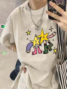 American Retro Cartoon Fun Grey Pure Cotton Short Sleeve Womens Loose Large Size Design Sense Niche Half Sleeve Top