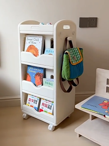 SG Seller - High Capacity Four-Compartment Bookshelf Children Room Library School Toddles Bookshelf with Pen Pocket Bed Room Furniture Bookshelf Push able with 4 wheels