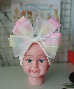หมวกโบว์ริบบิ้นสีรุ้งทูโทนหมวกเด็กแรกเกิด