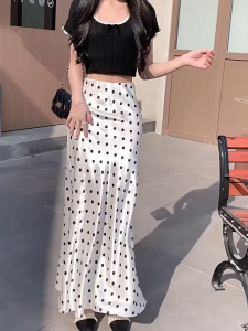 Retro Polka Dot Silk Skirt Spring New Elegant High Waisted Womens Midi Long A-line Skirt Korean Style