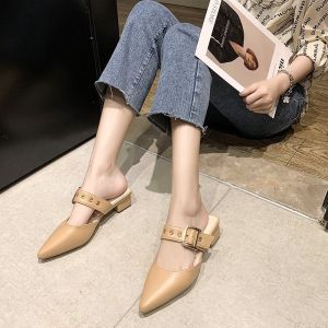 IELGY Belt buckle half slippers for women new Korean style pointed toe thick heel bag toe sandals
