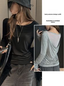 miiow | Slim Fit Round Neck T-Shirt Womens Black Asymmetrical Shoulder Mesh Splice Backless Base Shirt Spring Autumn New Style Cat Person