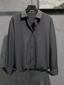 Mens Ice Silk Button up Long Sleeve Shirt Thin Casual Style Loose Fit Breathable Polyester Fiber Youth Fashion Autumn Spring