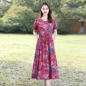ชุดเดรสผ้าป๊อปปลิ้นคุณภาพสูงสำหรับคุณแม่คนอ้วนชุดผู้หญิงวัยกลางคนและผู้สูงอายุแบบใหม่สำหรับผู้หญิงชุดฤดูร้อนชุดเดรสผ้าฝ้ายแขนสั้นคลุมเข่าใส่ไปข้างนอก