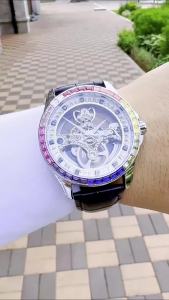 AOKULASIC | AOKULASIC Luxury Brand Skeleton Automatic Watch for Men Fashion Iced Out Mechanical Watches Leather Strap Business Wristwatches