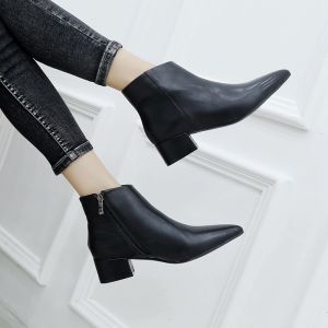 Winter Fleece Lined Martin Boots Pointed Toe 4cm Low Block Heel High Heel Genuine Cowhide Leather Large Size Womens Shoes 41 to 43 Short Boots