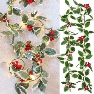 🔥2M Artificial Holly Leaf Vine Red Berries Christmas Rattan DIY Xmas Tree Hanging Wreath Decoration with 3M Warm String Light
