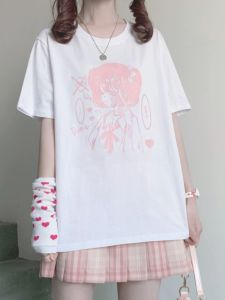 เสื้อยืดคอกลมแขนสั้นผ้าฝ้ายลายการ์ตูนญี่ปุ่นสำหรับผู้หญิง ฤดูร้อน 2021 หวาน สไตล์ญี่ปุ่น ลายการ์ตูนญี่ปุ่น แฟชั่นฤดูร้อน
