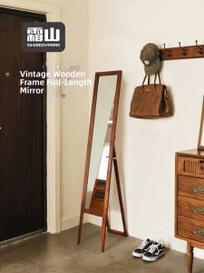 Retro Wooden Framed Dressing Mirror Foldable Narrow