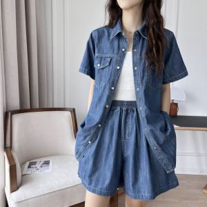 Summer 2023 Womens Denim Short Sleeve Shirt And Shorts Set Korean Style Salt System High End Feeling Two Piece Suit