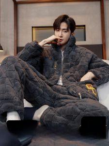 miiow | Thickened Flannel Sleepwear Mens Winter Style Coral Fleece Lined Home Clothes Long Sleeve Stand Collar Polyester Fiber Youth Casual