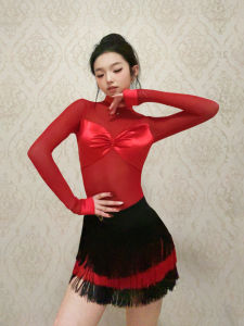 conny | Adult Women Latin Dance Costume Long Sleeve High Neck Body Suit Tassels Skirt