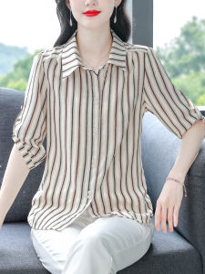 เสื้อเชิ้ตแขนยาวลายทางสไตล์เกาหลีสำหรับผู้หญิง ทรงหลวมสบาย ๆ บางเฉียบ ทรงปกติ คอโปโล ฤดูร้อน 2024