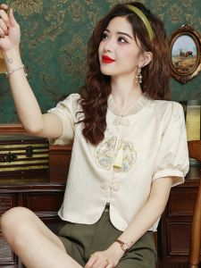 New Chinese Style Short Sleeve Embroidered Shirt Womens Fashionable Summer Top Small Size Straight Cut Bubble Sleeve Button Detail