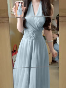 QINWEIYU | French Romantic Beachwear Blue V-neck Off-shoulder Slenderizing Long Dress