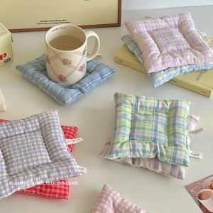 Korean Style Checkered Cotton Fabric Cup Mat Dining Table Atmosphere Sensation Photography Props Heat Insulation Pad Bowl Pad Plate Pad