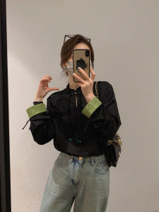 Black Long Sleeve Casual Shirt Womens Spring 2025 New Style Stand Collar Commute Korean Loose Fit round Neck Top