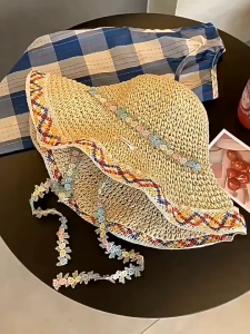 NEW Beach Hat Wide Brim Letter Embroidery Straw Hat Women UV Protection Sun Cap Beach Vacation 沙滩帽